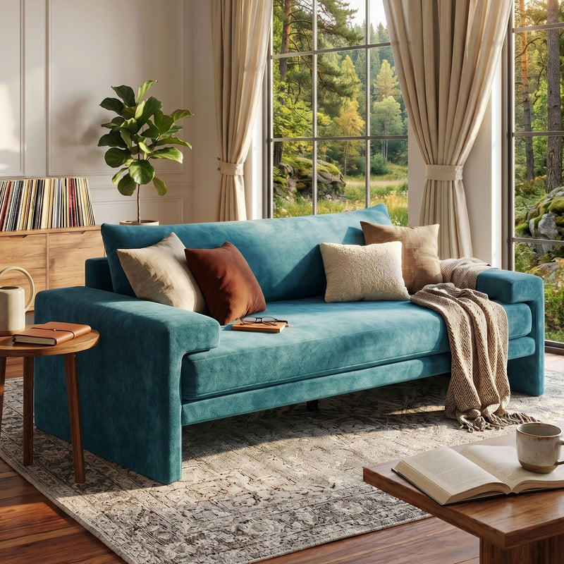 Teal upholstered 3-seater sofa with wide armrests, styled with pillows and blanket.