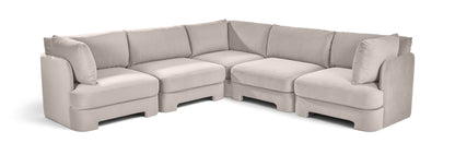 Gray velvet corner sectional sofa with five-piece modular L-shape and cushioned arms