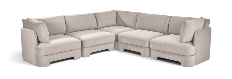 Gray velvet corner sectional sofa with five-piece modular L-shape and cushioned arms