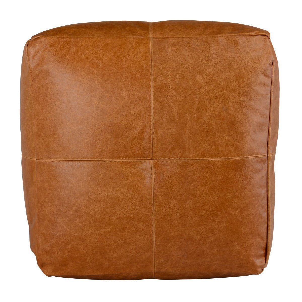 Chestnut leather pouf cube shape with vertical and horizontal stitched seams.