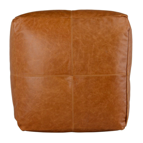 Chestnut leather pouf cube shape with vertical and horizontal stitched seams.