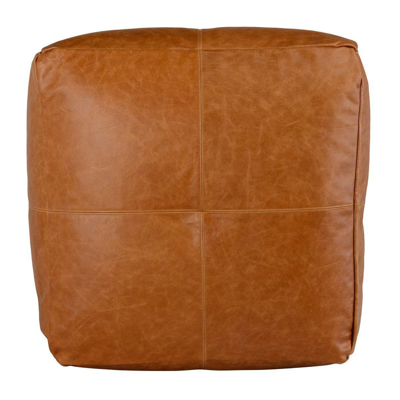 Chestnut leather pouf cube shape with vertical and horizontal stitched seams.