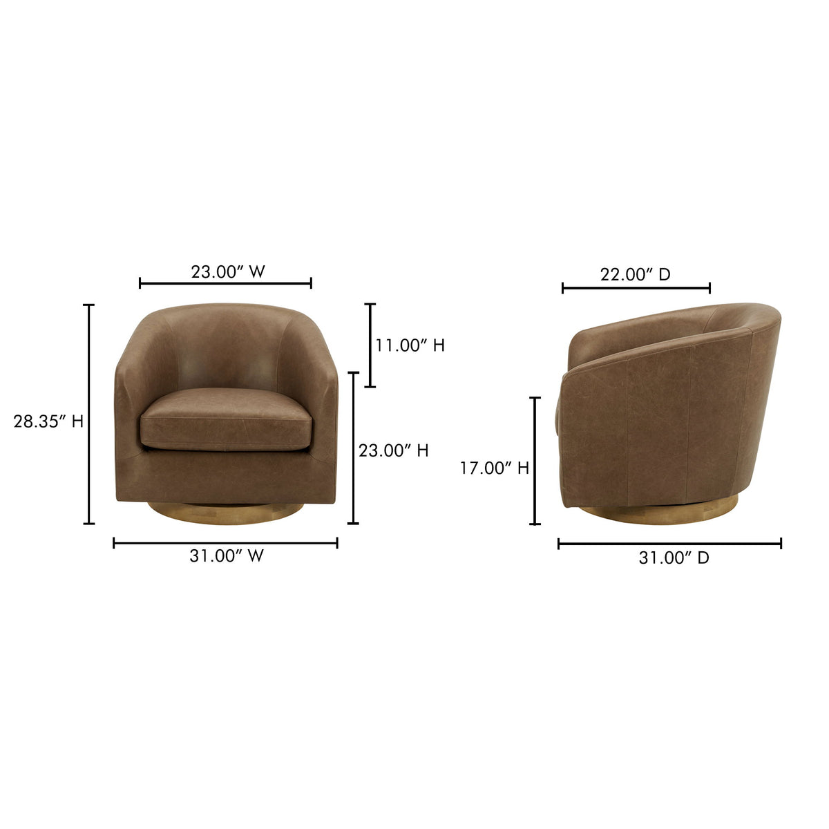 Tan swivel accent chair, front and side views with overall dimensions shown.