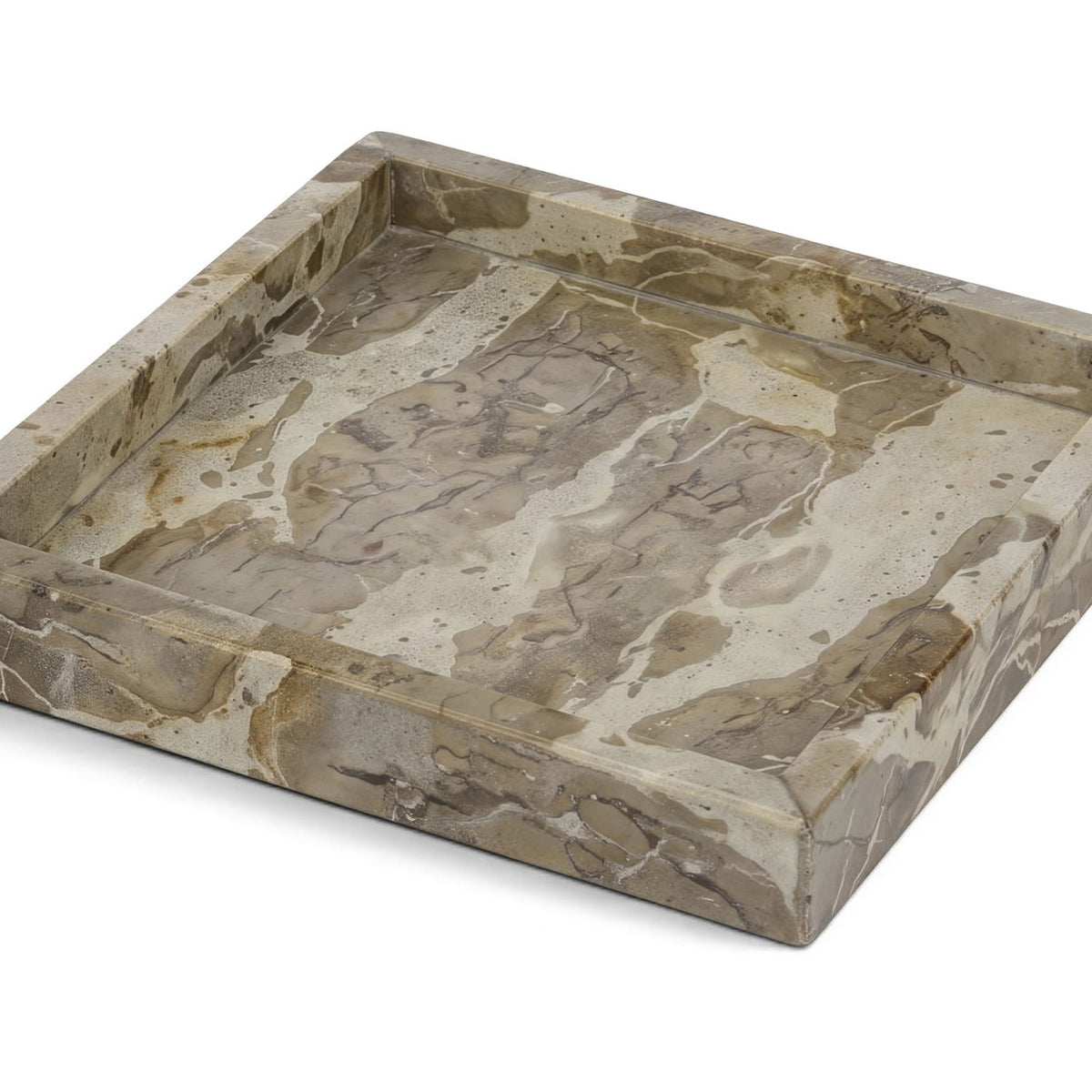 Rectangular light beige marble tray with gray veining and raised rim.