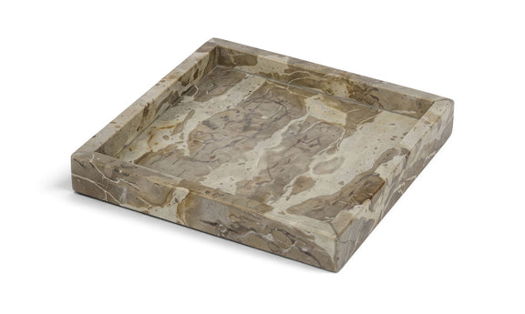 Rectangular light beige marble tray with gray veining and raised rim.