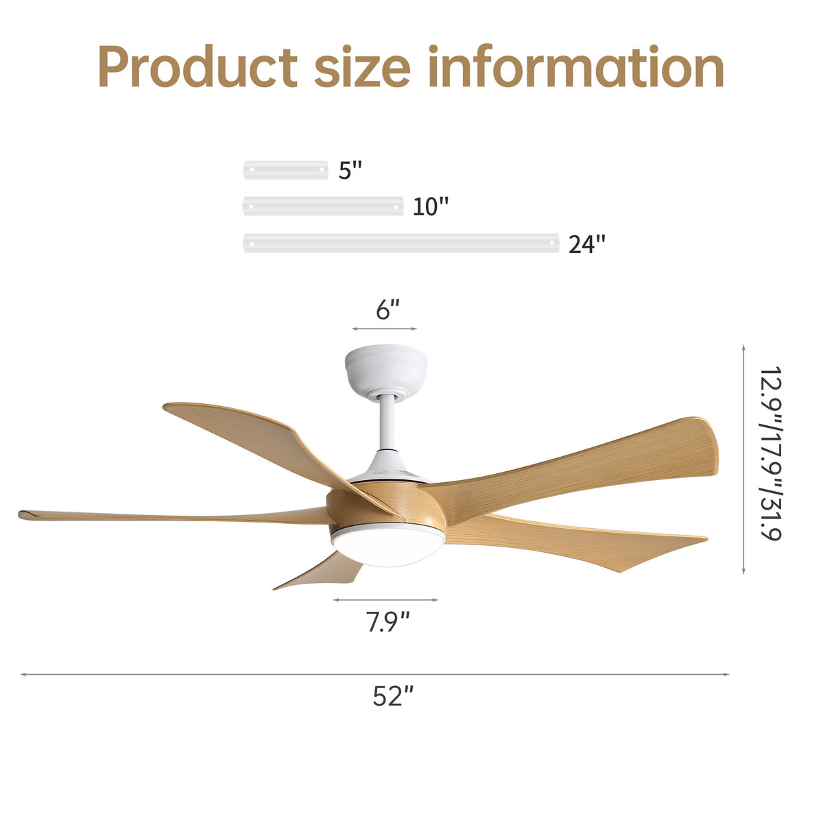 52-inch ceiling fan with light-wood blades and white canopy