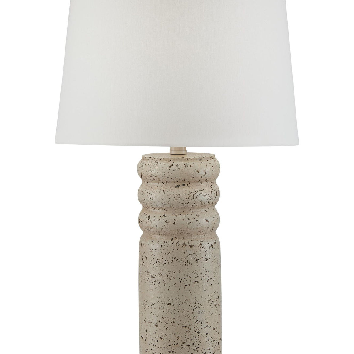 Beige speckled poly table lamp with white drum shade, cylindrical base
