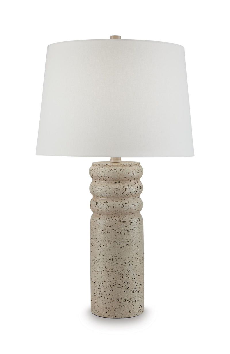 Beige speckled poly table lamp with white drum shade, cylindrical base