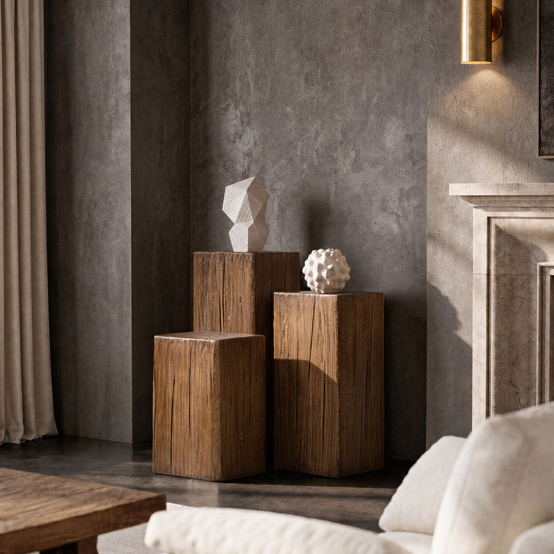 Three dark brown wood side tables in different heights with rustic grain