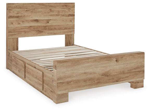 Beige storage bed with slatted platform and side drawers