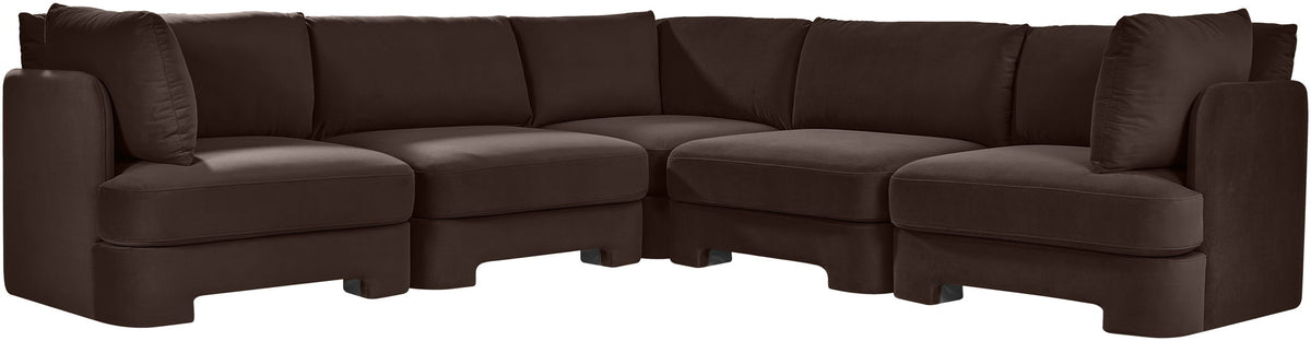 Dark brown velvet corner sectional sofa, 5-piece set with modular chaise and arm cushions.