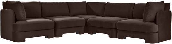 Dark brown velvet corner sectional sofa, 5-piece set with modular chaise and arm cushions.