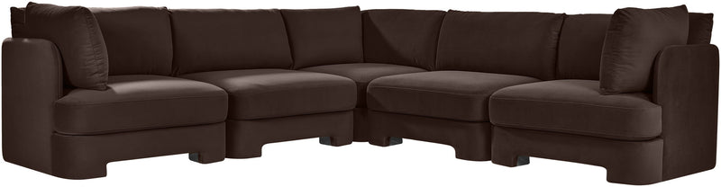 Dark brown velvet corner sectional sofa, 5-piece set with modular chaise and arm cushions.