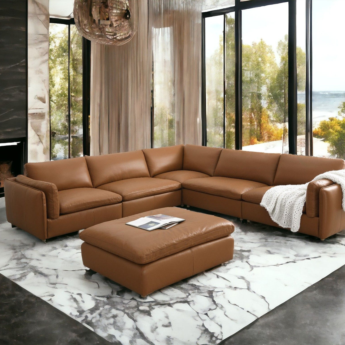 Brighton - Top Grain Leather 6 Pieces Modular Sectional With 1 Ottoman - Brown