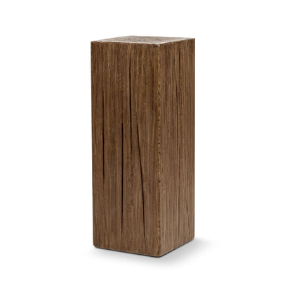 Slim dark brown wood side table with a square top and vertical grain