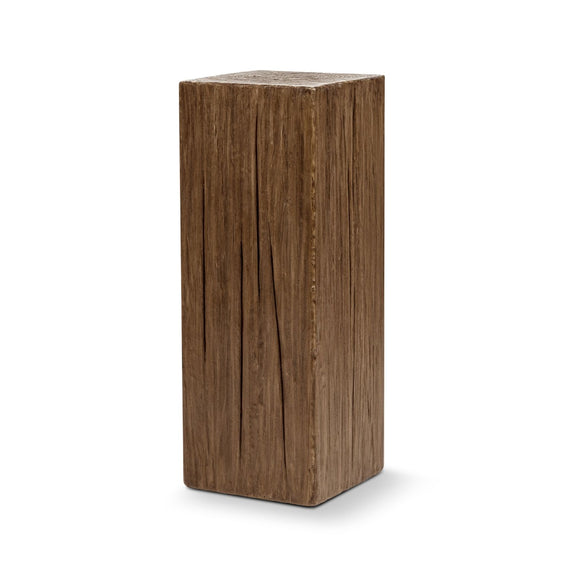 Slim dark brown wood side table with a square top and vertical grain
