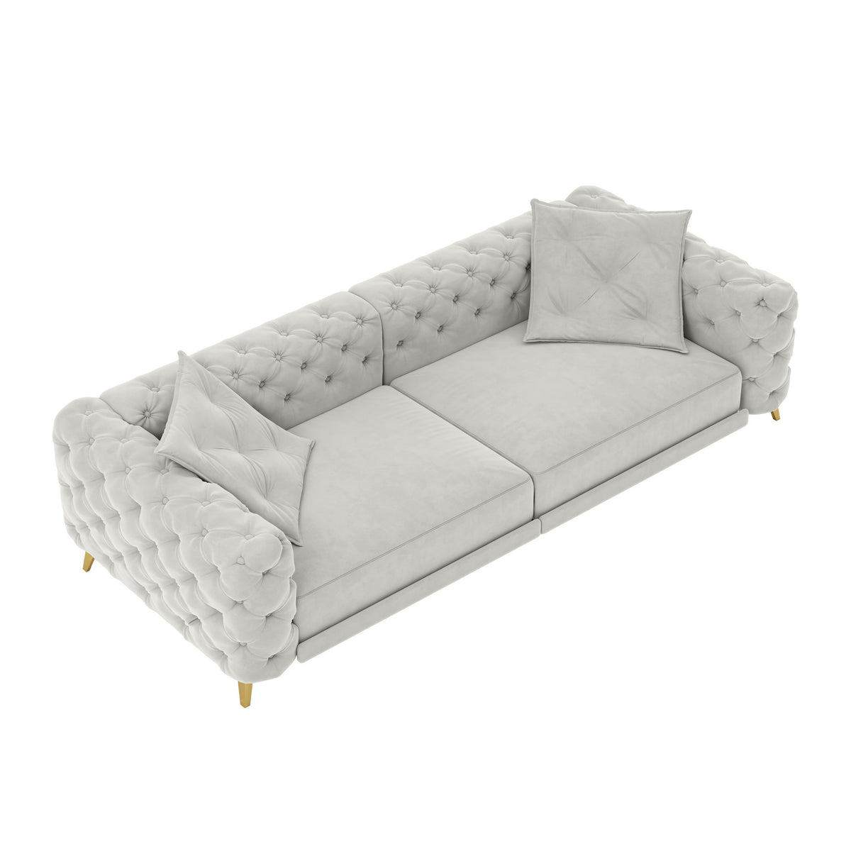 Gray 3-in-1 convertible sleeper sofa with tufted back, rolled arms, and two pillows