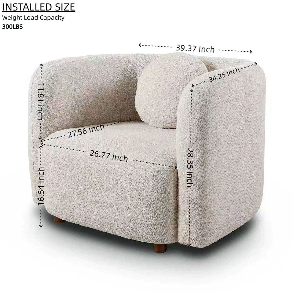 Beige accent chair with rounded armrests and textured fabric upholstery, side view.