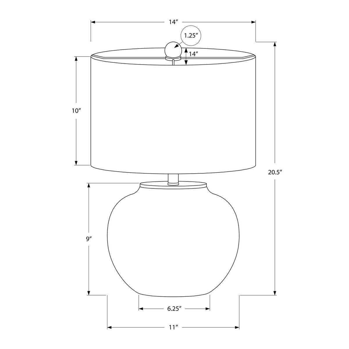 Cream ceramic table lamp diagram with white drum shade and round base dimensions