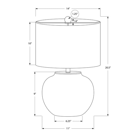 Cream ceramic table lamp diagram with white drum shade and round base dimensions