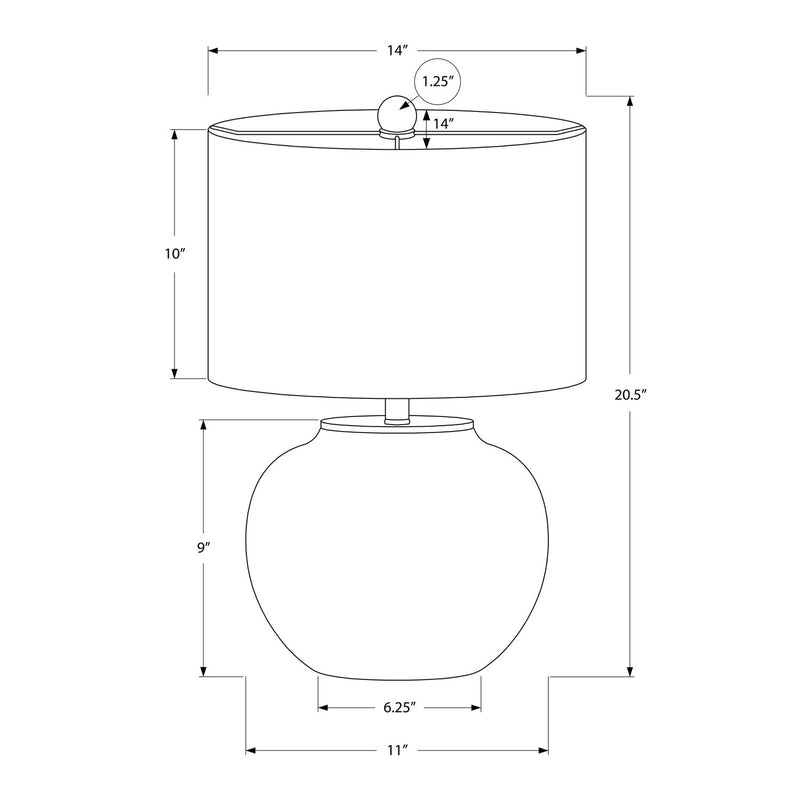Cream ceramic table lamp diagram with white drum shade and round base dimensions