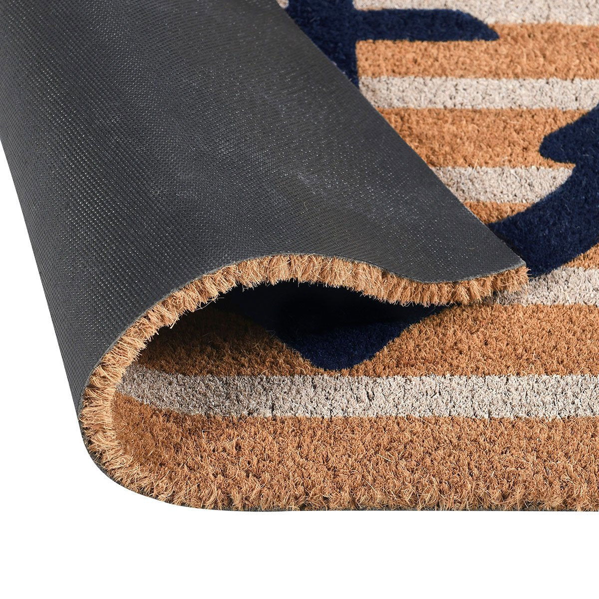 Navy anchor doormat corner with black backing and tan coir edges, striped surface