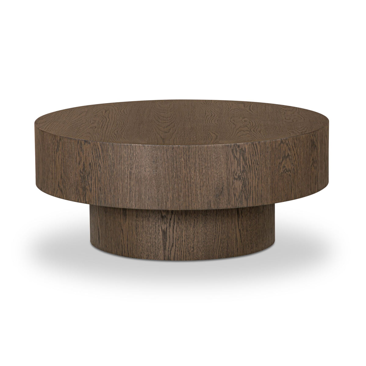 Round dark brown wood coffee table top with pedestal base