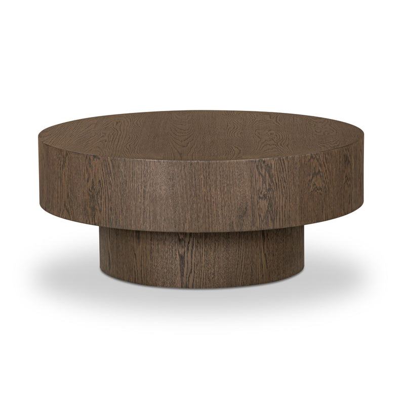 Round dark brown wood coffee table top with pedestal base