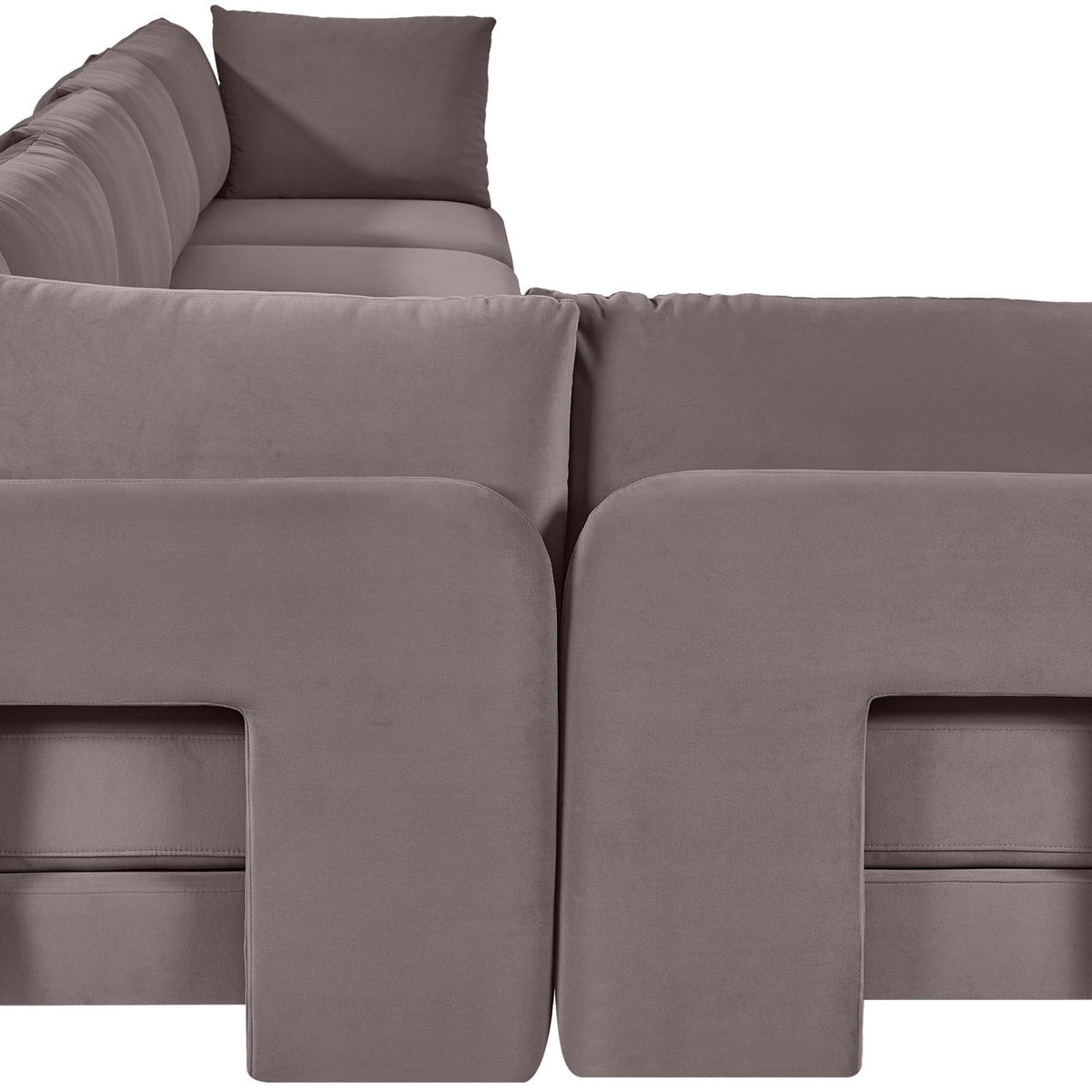 Medium gray velvet upholstered L-shaped sectional sofa set with 6 pieces