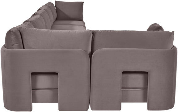 Medium gray velvet upholstered L-shaped sectional sofa set with 6 pieces