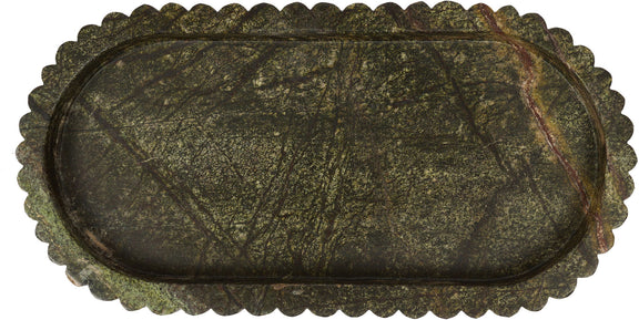 Green genuine marble tray with oval interior and scalloped ridged border