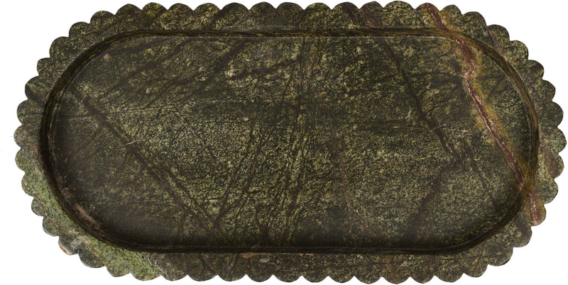 Green genuine marble tray with oval interior and scalloped ridged border
