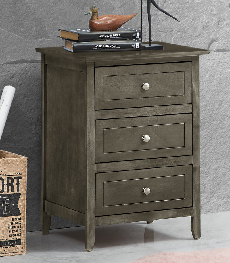 Dark gray 3-drawer nightstand with three drawers and metal knobs
