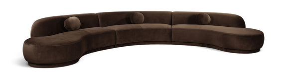 Velvet sectional sofa, dark brown, rounded chaise, button-tufted cushions