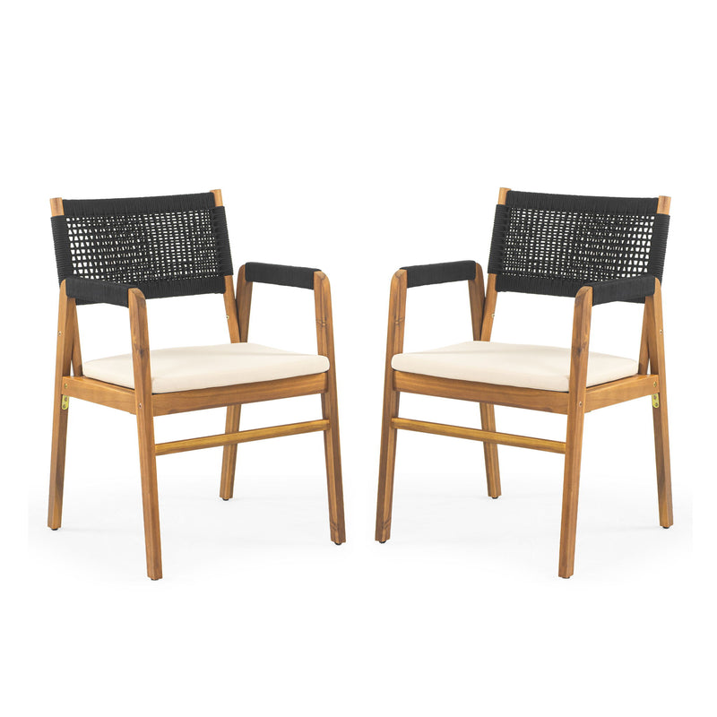 Pair of outdoor dining chairs with acacia frames, black lattice backs, and white seat cushions
