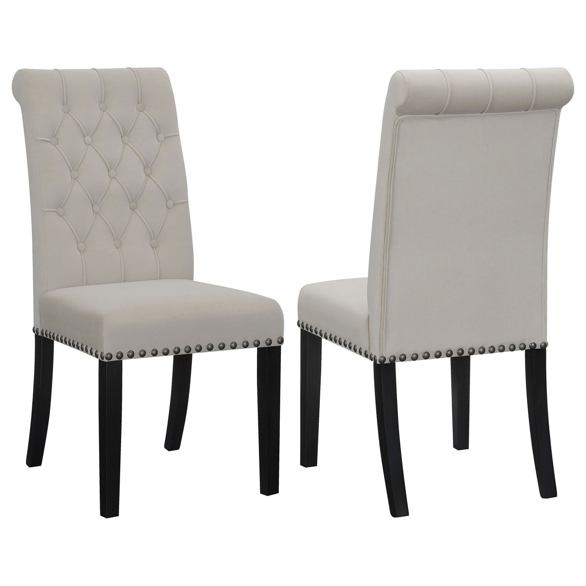 Set of 2 tufted rolled backrest side chairs in gray and beige with nailhead trim