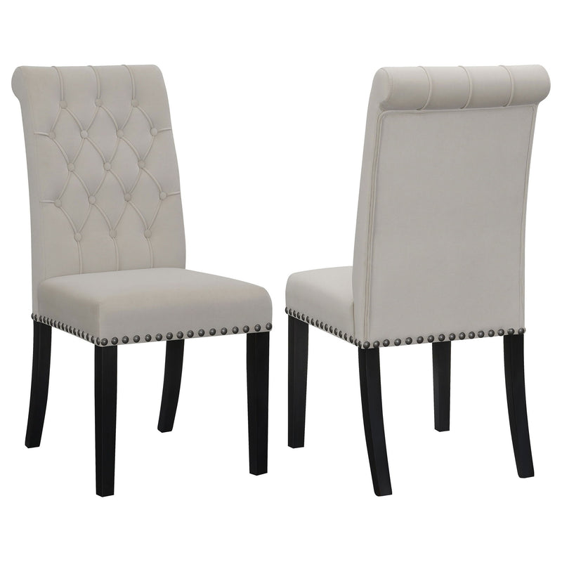 Set of 2 tufted rolled backrest side chairs in gray and beige with nailhead trim