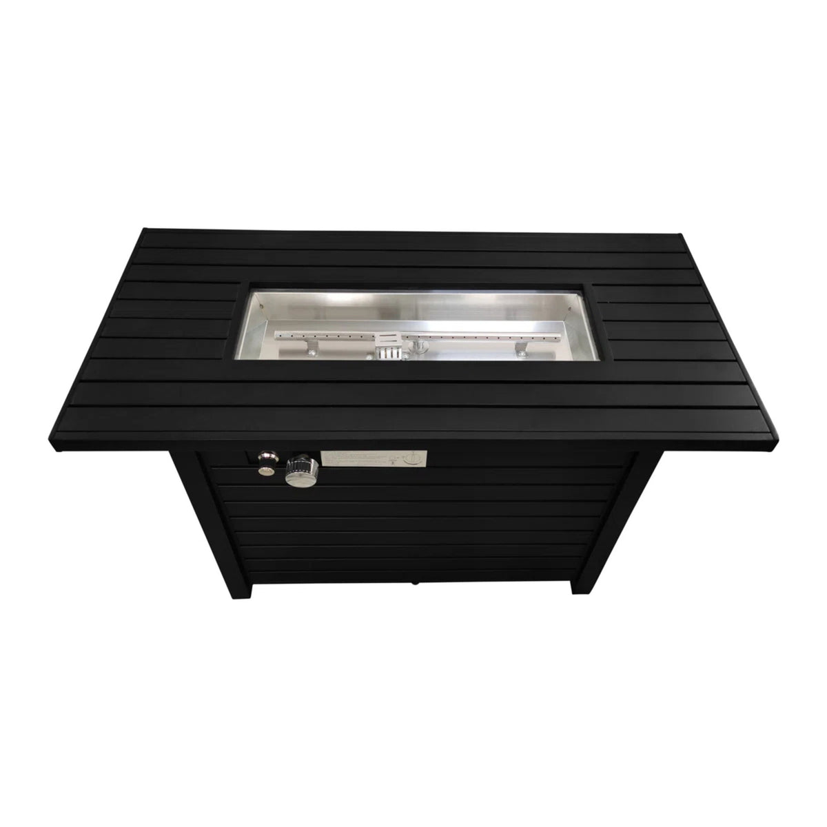 Black outdoor fire pit table with lid, viewing window and control knob