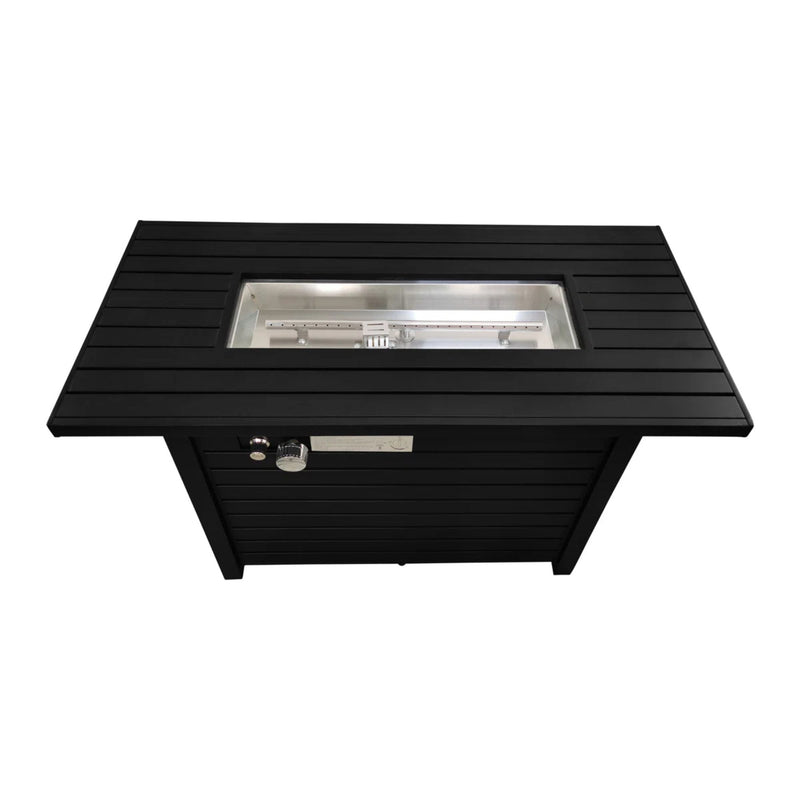 Black outdoor fire pit table with lid, viewing window and control knob