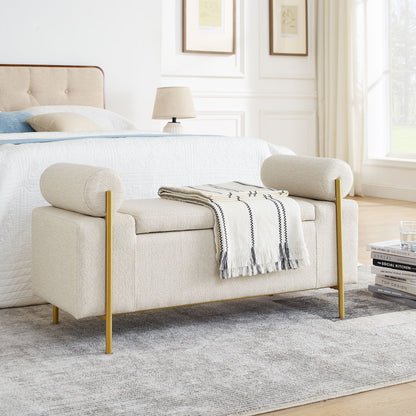 Elegant Upholstered Linen Storage Bench With Cylindrical Arms And Iron Legs, White