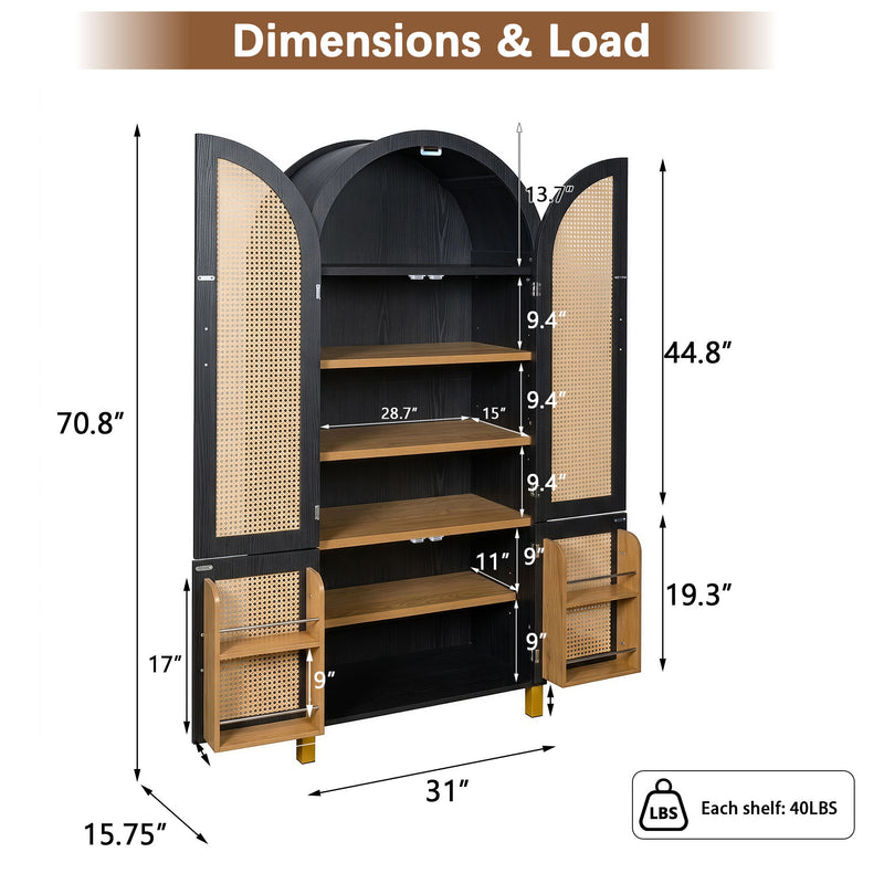 Tall cabinet with arched rattan doors open to reveal three adjustable wooden shelves