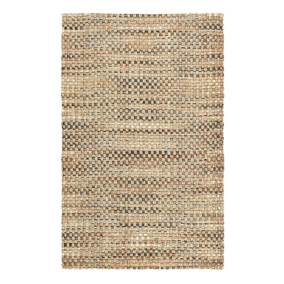 Light brown woven rug with bold horizontal stripe pattern and textured, speckled weave