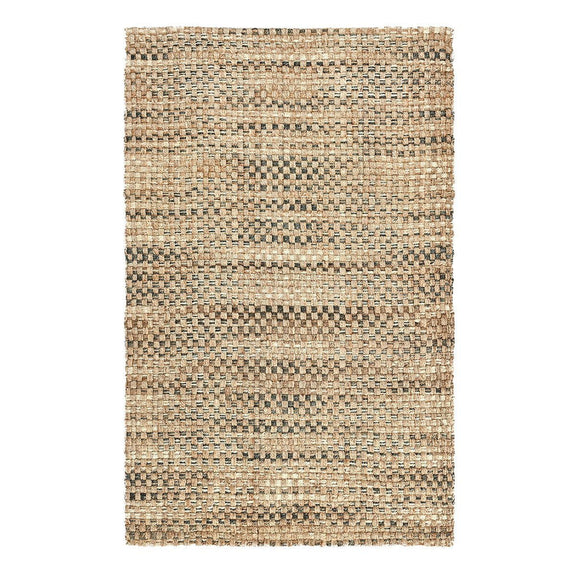 Light brown woven rug with bold horizontal stripe pattern and textured, speckled weave