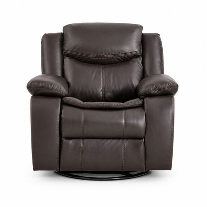 Dark brown rocker recliner chair with padded arms and headrest