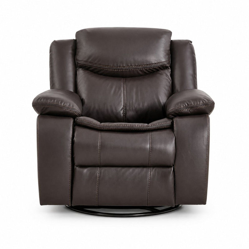 Dark brown rocker recliner chair with padded arms and headrest