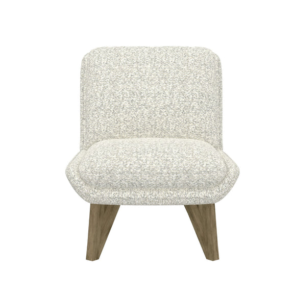 White armless accent chair with textured upholstery, padded seat, and wooden legs.