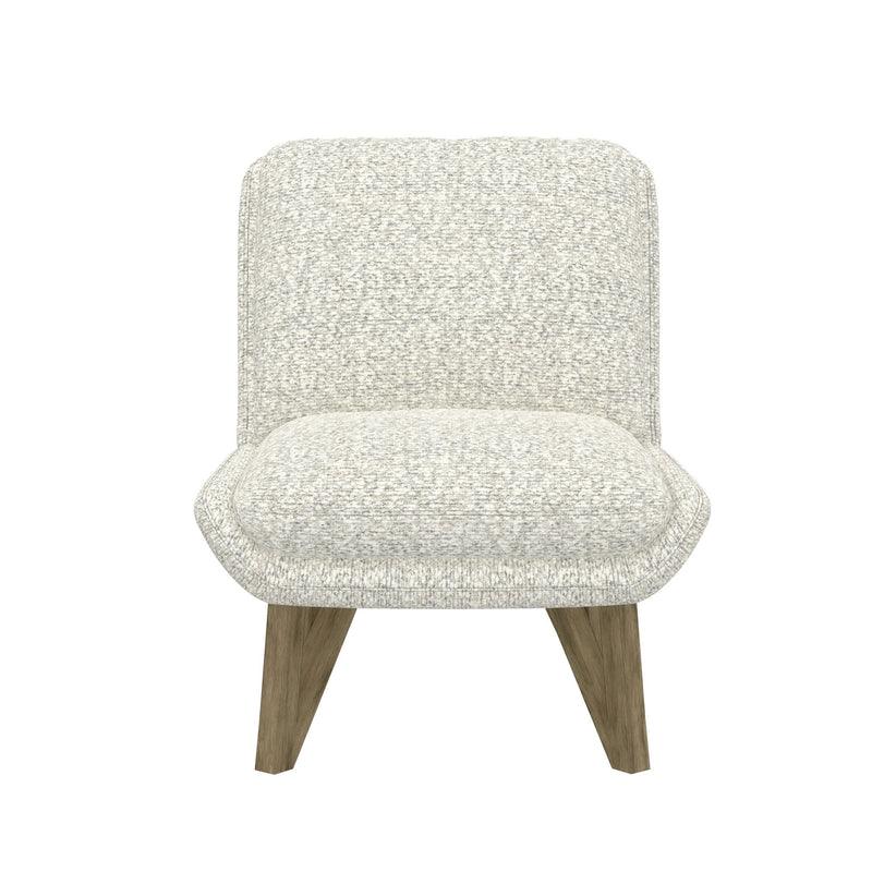 White armless accent chair with textured upholstery, padded seat, and wooden legs.