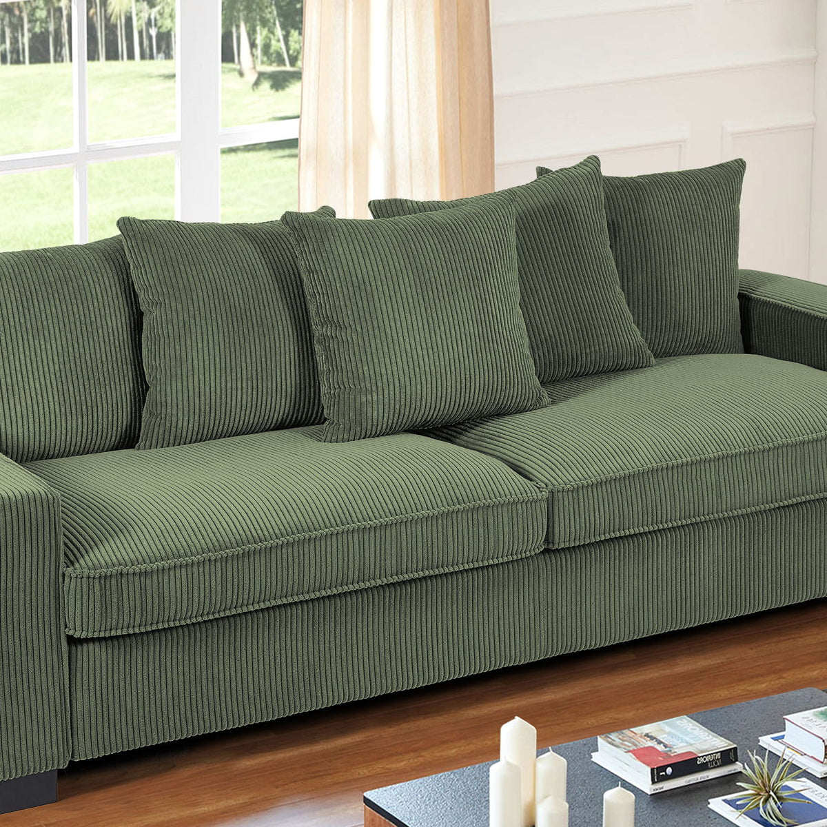 Luxe Corduroy Sofa With 5 Matching Toss Pillows, Sleek Design, Spacious And Comfortable 3 Seater Couch
