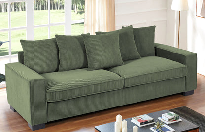 Dark green 3-seater sofa with five matching toss pillows and sleek arms