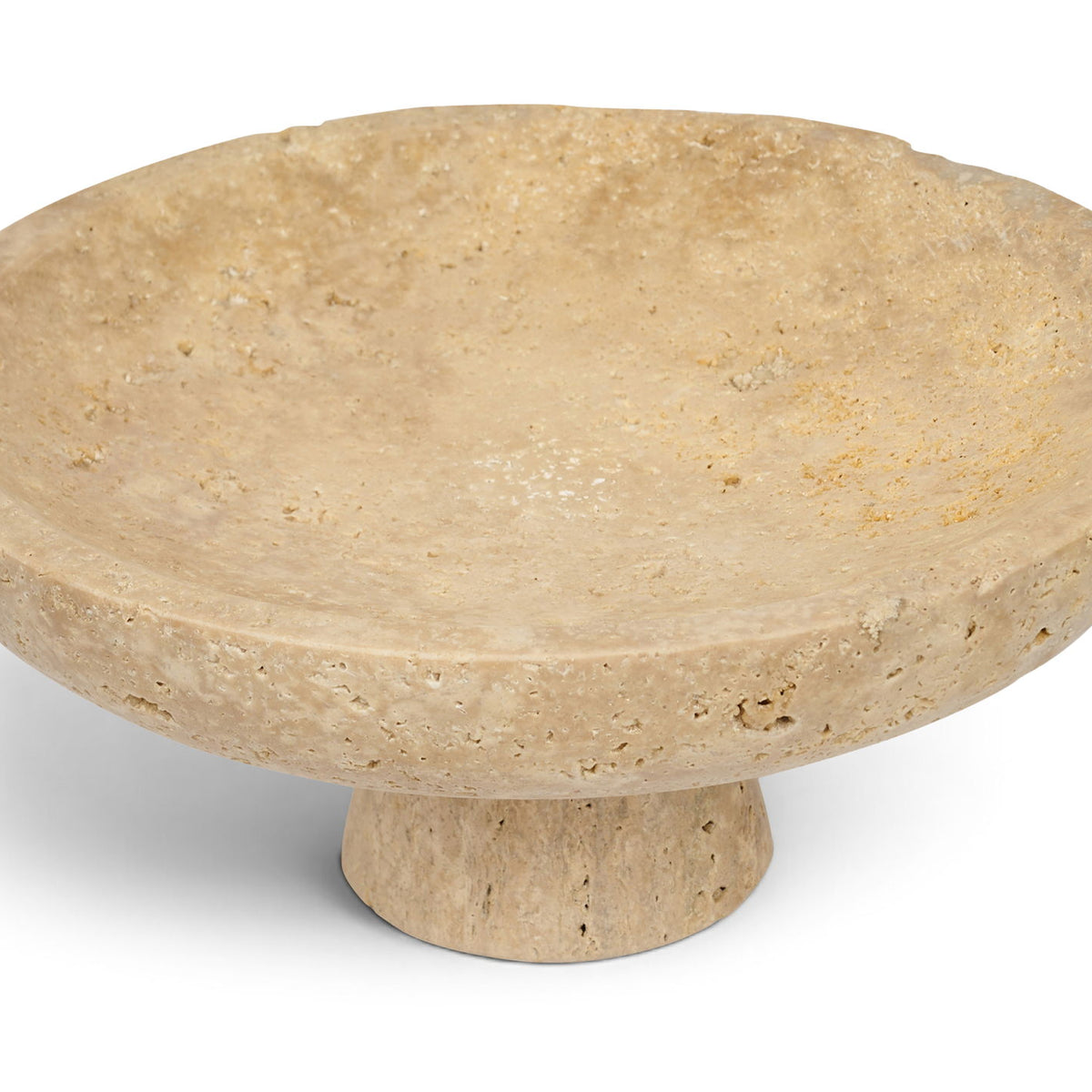 Beige travertine round bowl on short pedestal base, speckled texture